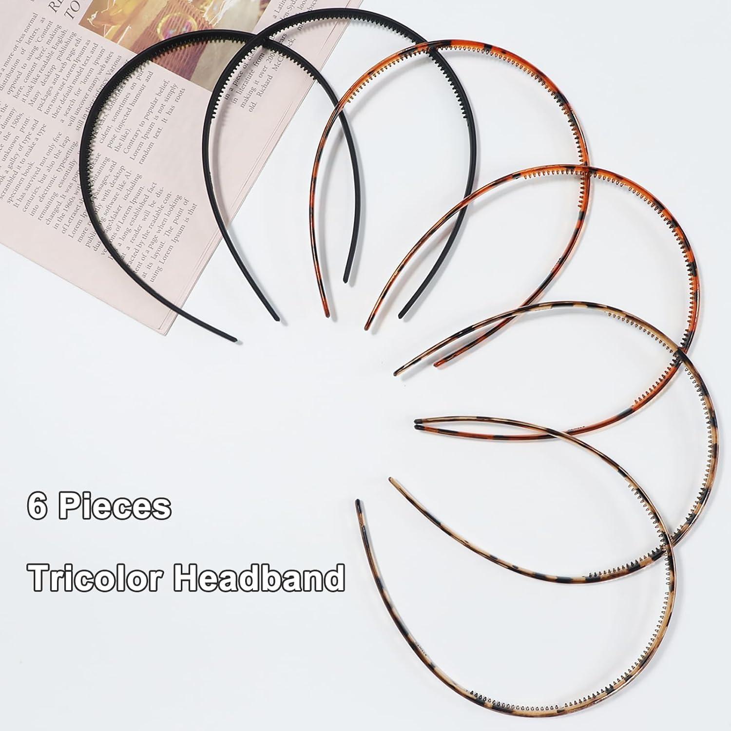 6 Stück Elastische Haarbänder in 3 Farben - Rutschfestes Stirnband mit Zähnen 8mm