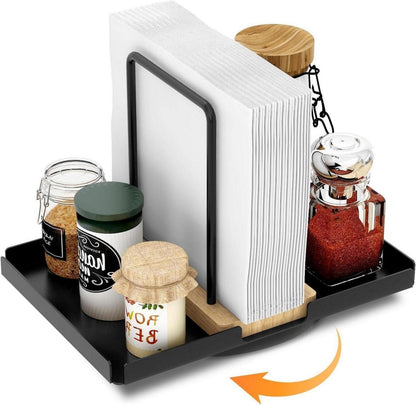 Drehbarer Serviettenhalter Schwarz Metall Holz Caddy Deko