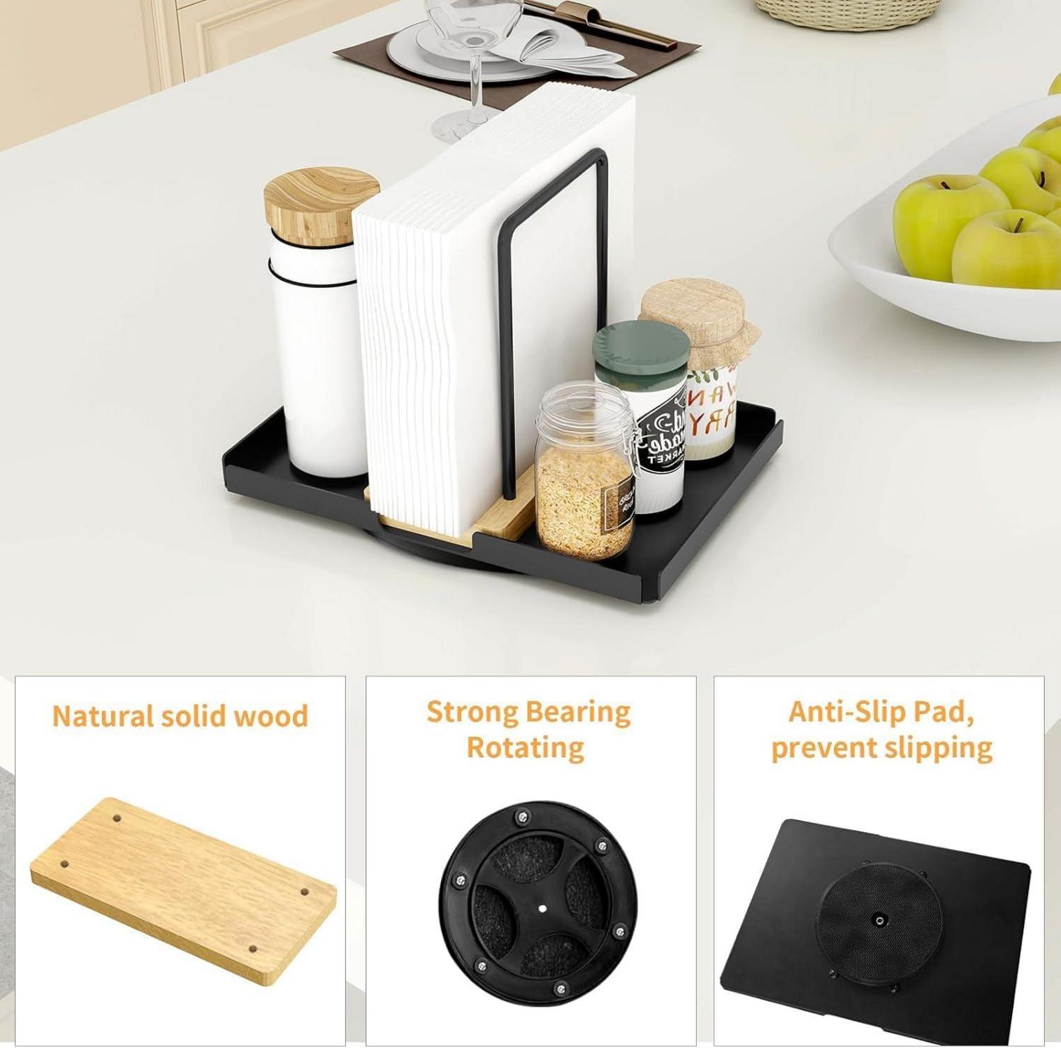 STWWO Drehbarer Serviettenhalter Schwarz inkl. Caddy & Holz - Metall Küchenzubehör
