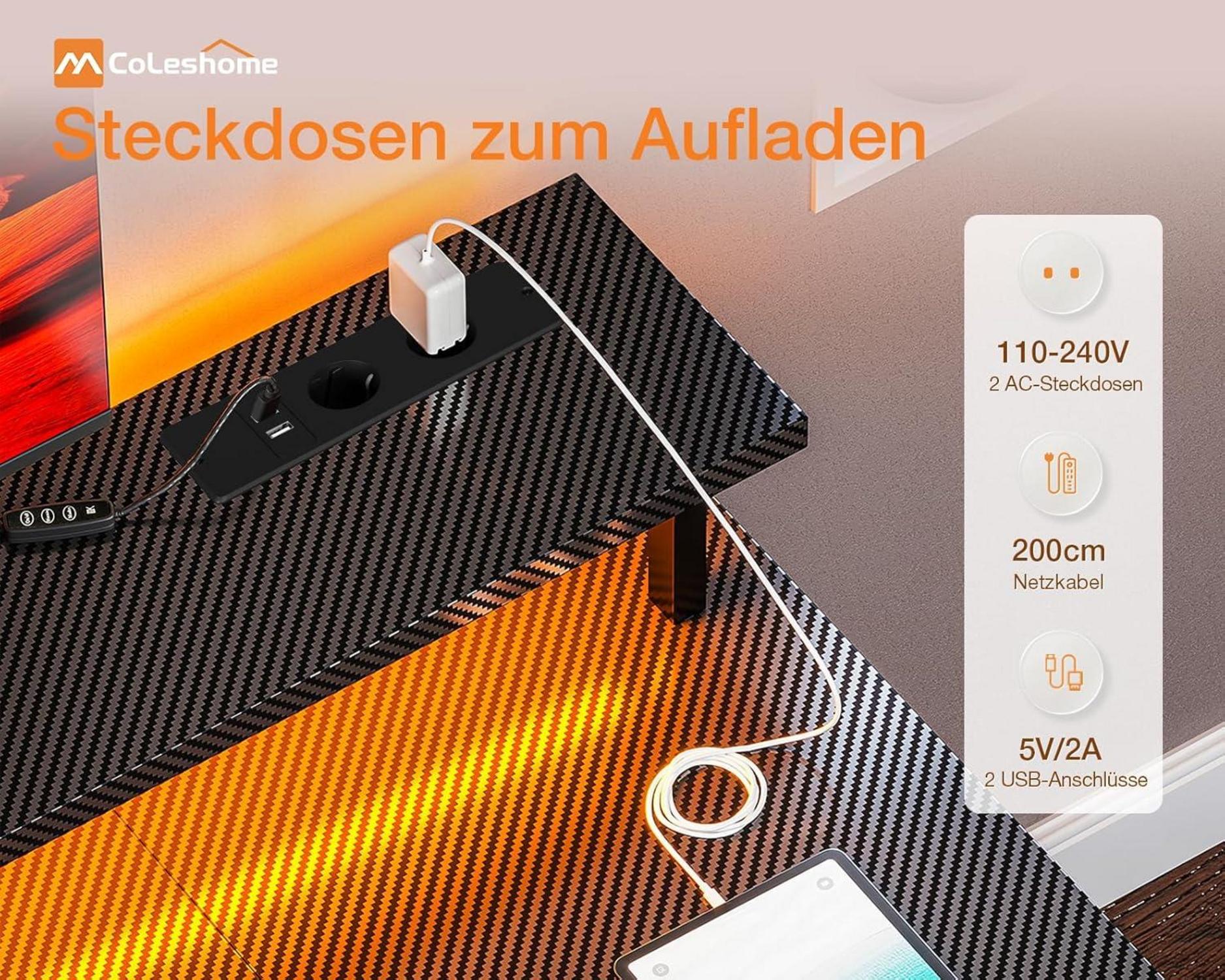 Coleshome Gaming Tisch LED-Beleuchtung 2 Steckdosen USB Schwarz 120x50cm