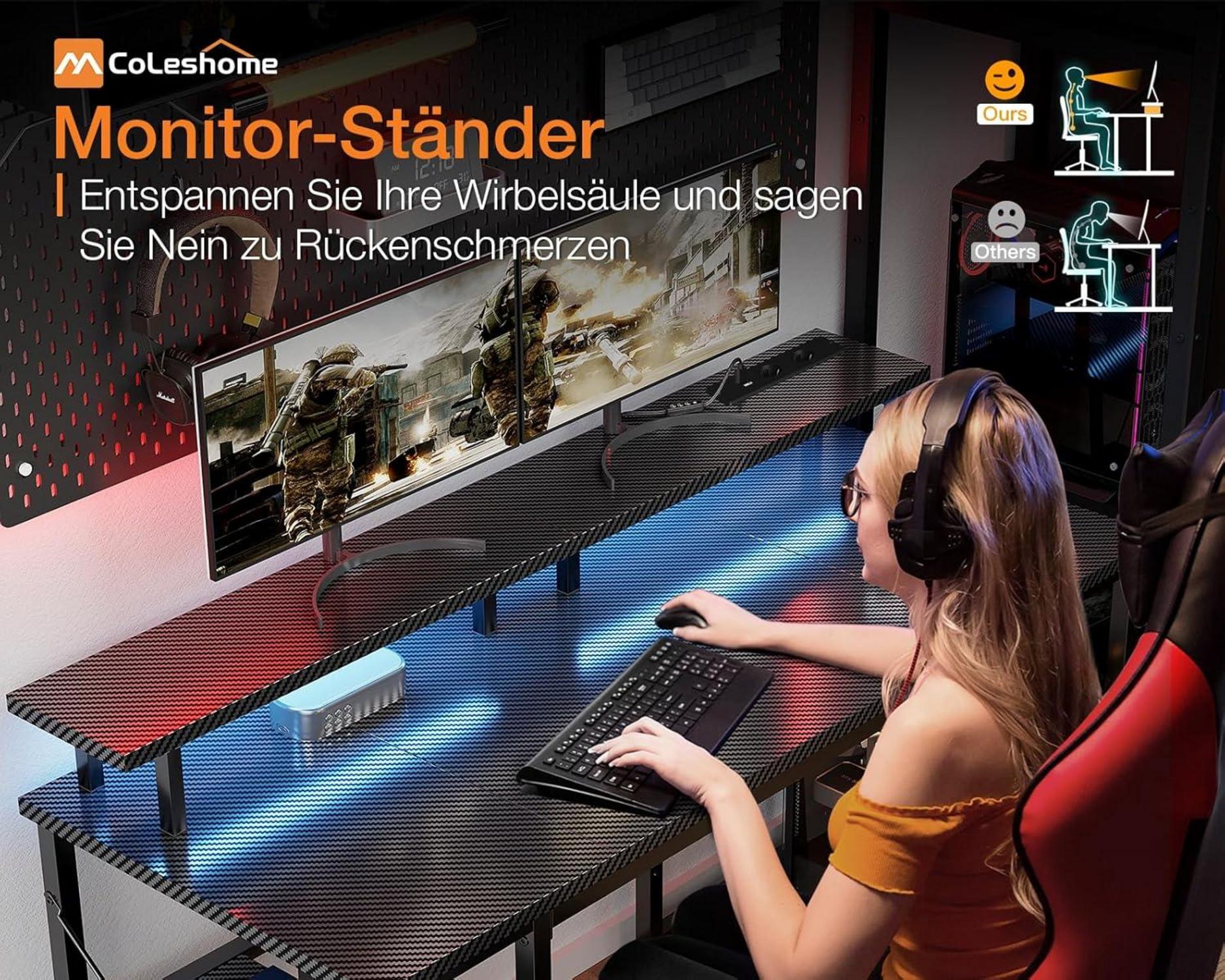 Gaming Tisch LED-Beleuchtung 2 Steckdosen 2 USB 120x50cm