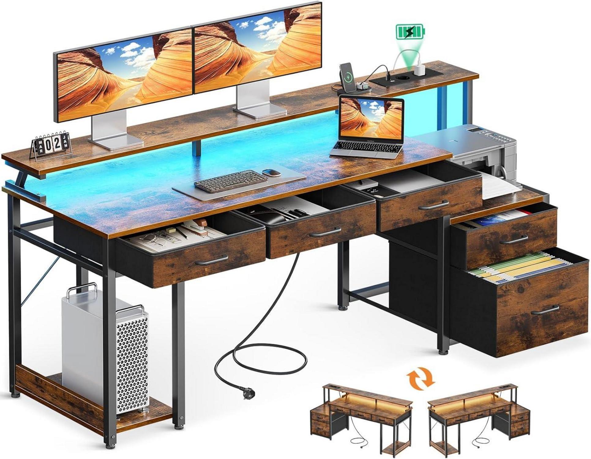 Schreibtisch mit 5 Schubladen LED-Leuchten, Monitorständer 160x48cm