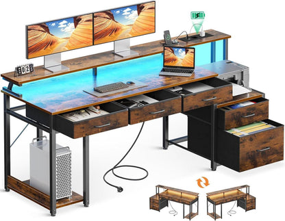 Schreibtisch mit 5 Schubladen LED-Leuchten, Monitorständer 160x48cm