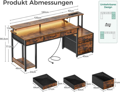 Schreibtisch mit 5 Schubladen LED-Leuchten, Monitorständer 160x48cm