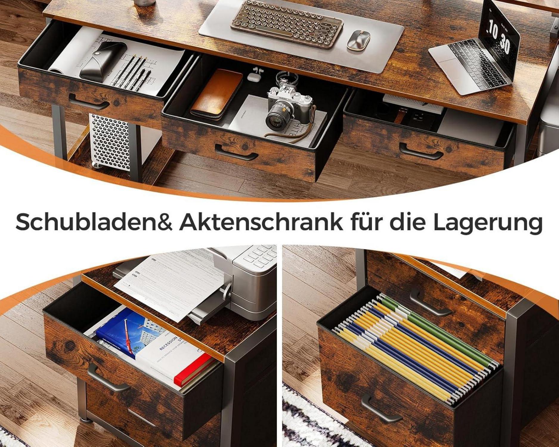 Schreibtisch mit 5 Schubladen, LED-Leuchten, Monitorständer, Gaming Tisch, Braun 160x48cm