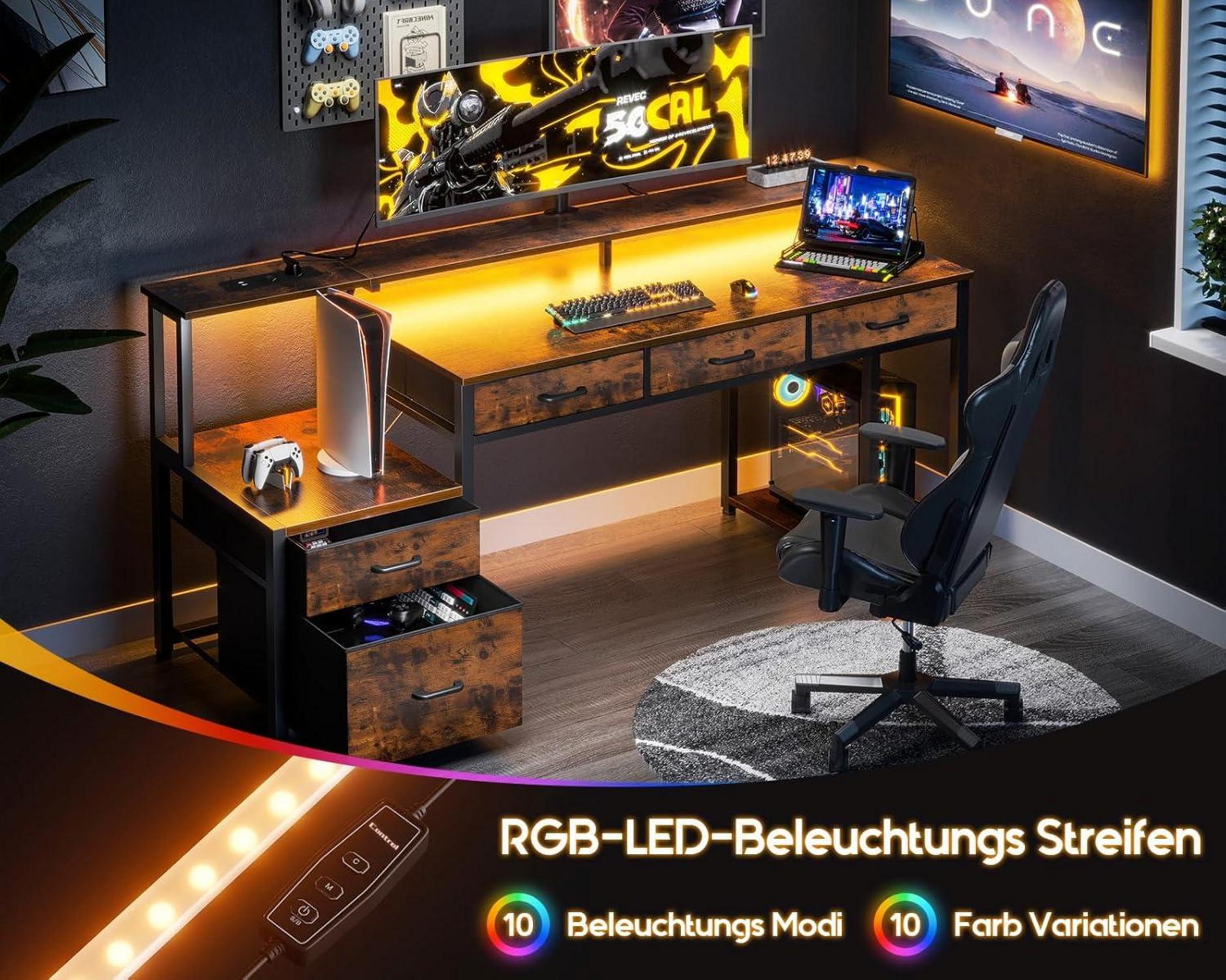 Schreibtisch Monitorständer LED Gaming Tisch Braun 160cm