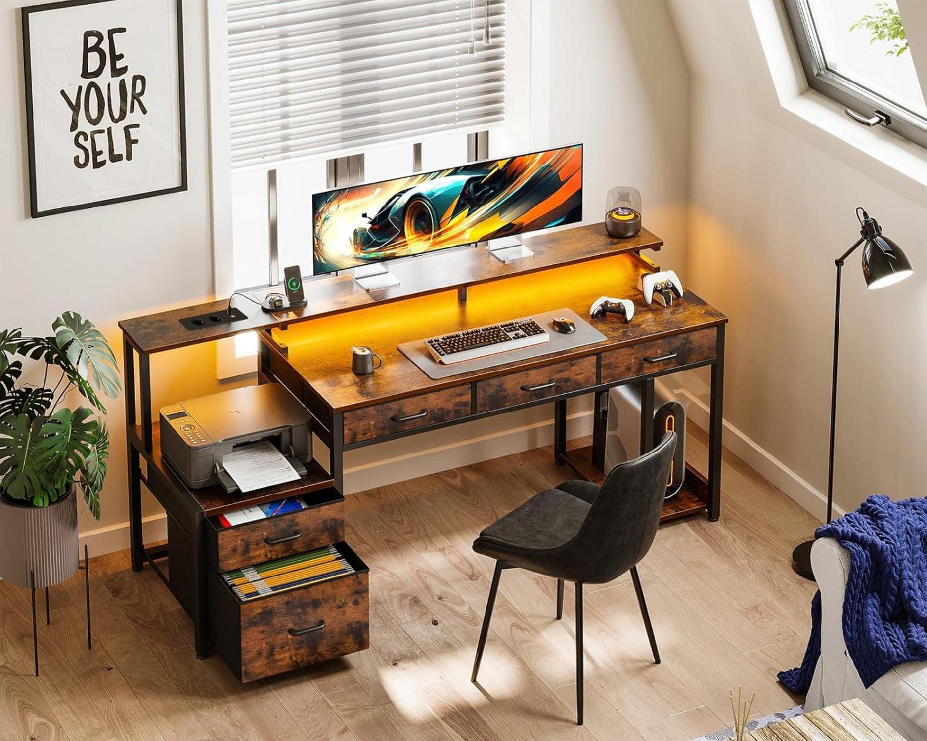 Schreibtisch mit Stoffschubladen, LED-Leuchten, Steckdose, 160x48cm