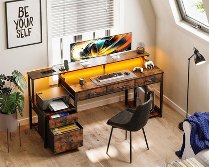 Schreibtisch mit Stoffschubladen, LED-Leuchten, Steckdose, 160x48cm