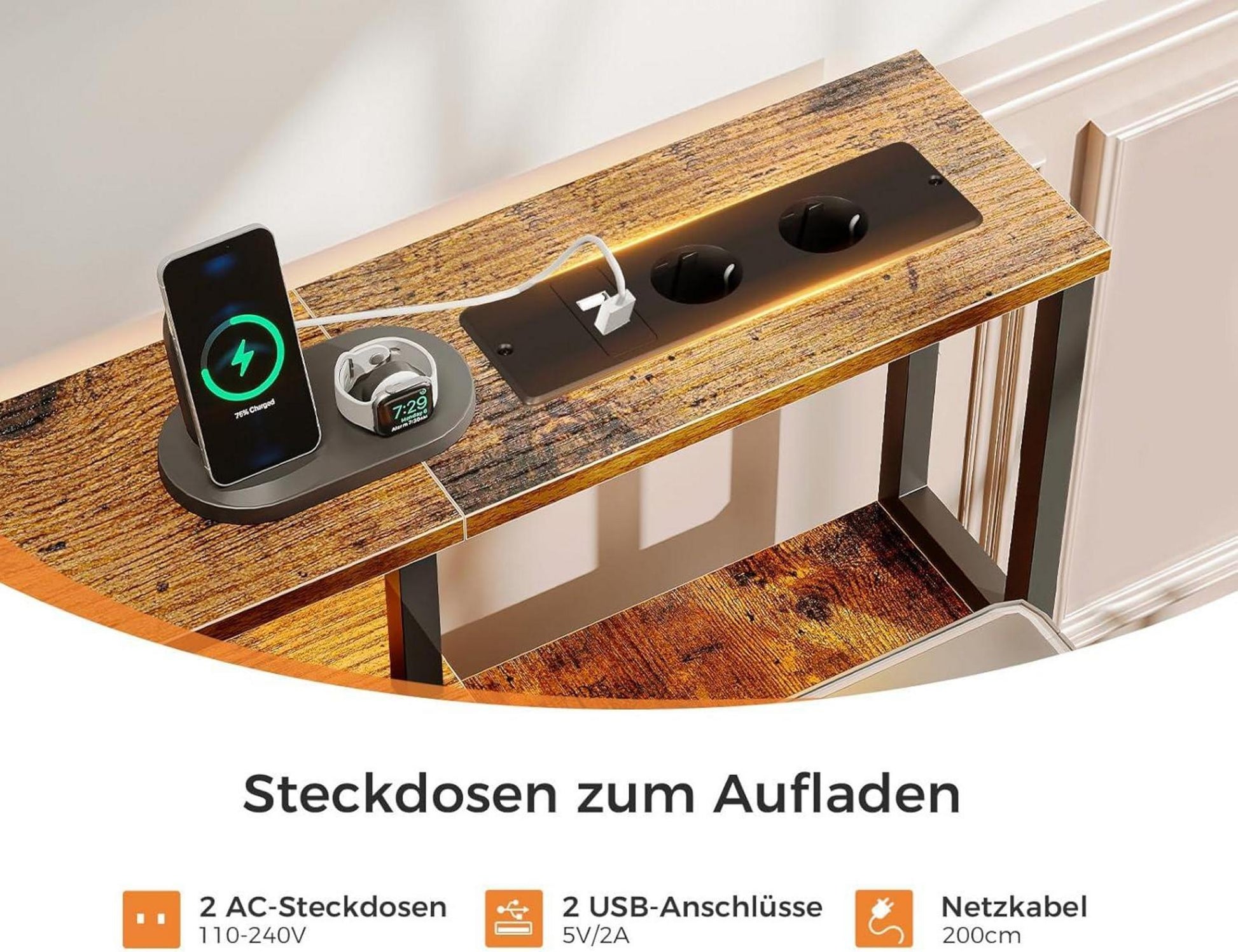 Schreibtisch mit 5 Schubladen, LED-Leuchten, Monitorständer, Gaming Tisch, Braun 160x48cm
