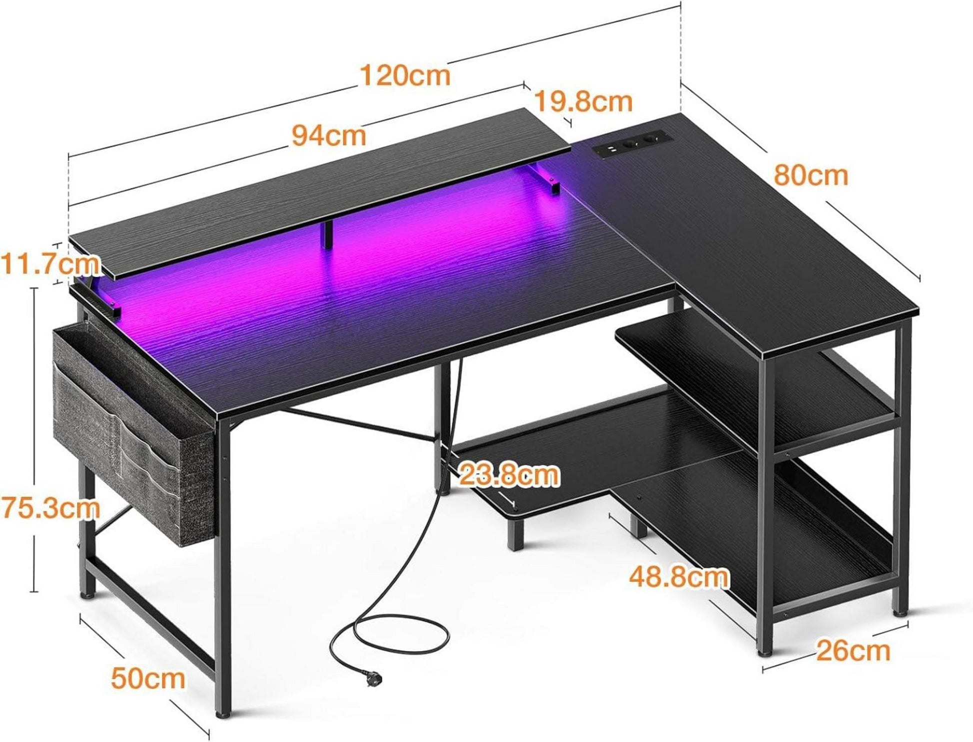 Gaming Tisch L Form LED Steckdosen 120x80cm Schwarz Regal