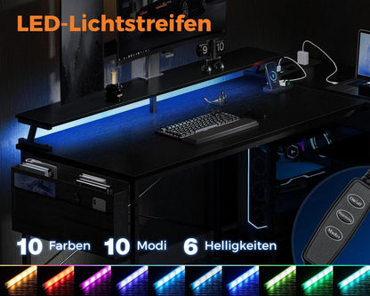 Gaming Schreibtisch L Form LED Steckdosen Regal Monitorständer Schwarz