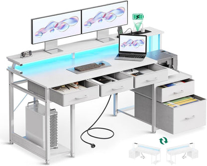 Schreibtisch mit Schubladen, Monitorständer und LED-Leuchten, Gaming