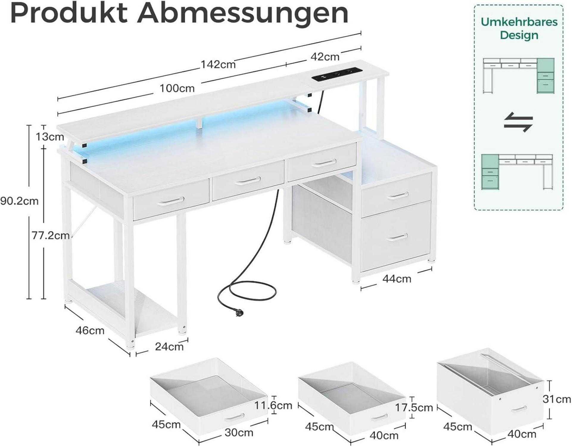 Schreibtisch mit Schubladen, Monitorständer und LED-Leuchten, Gaming