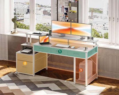 Schreibtisch mit 5 Schubladen Stoff LED-Monitorständer 140x48cm