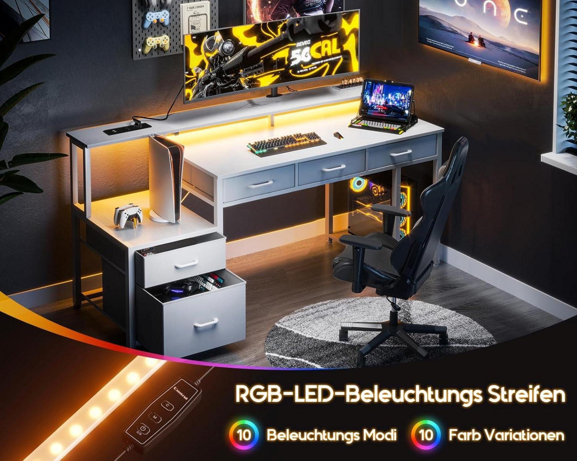 Schreibtisch 5 Schubladen Stoff Computertisch Monitorständer LED-Leuchten White