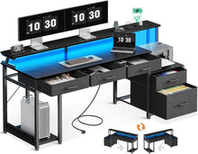Schwarzer Gaming Schreibtisch mit LED, Steckdose & Stauraum