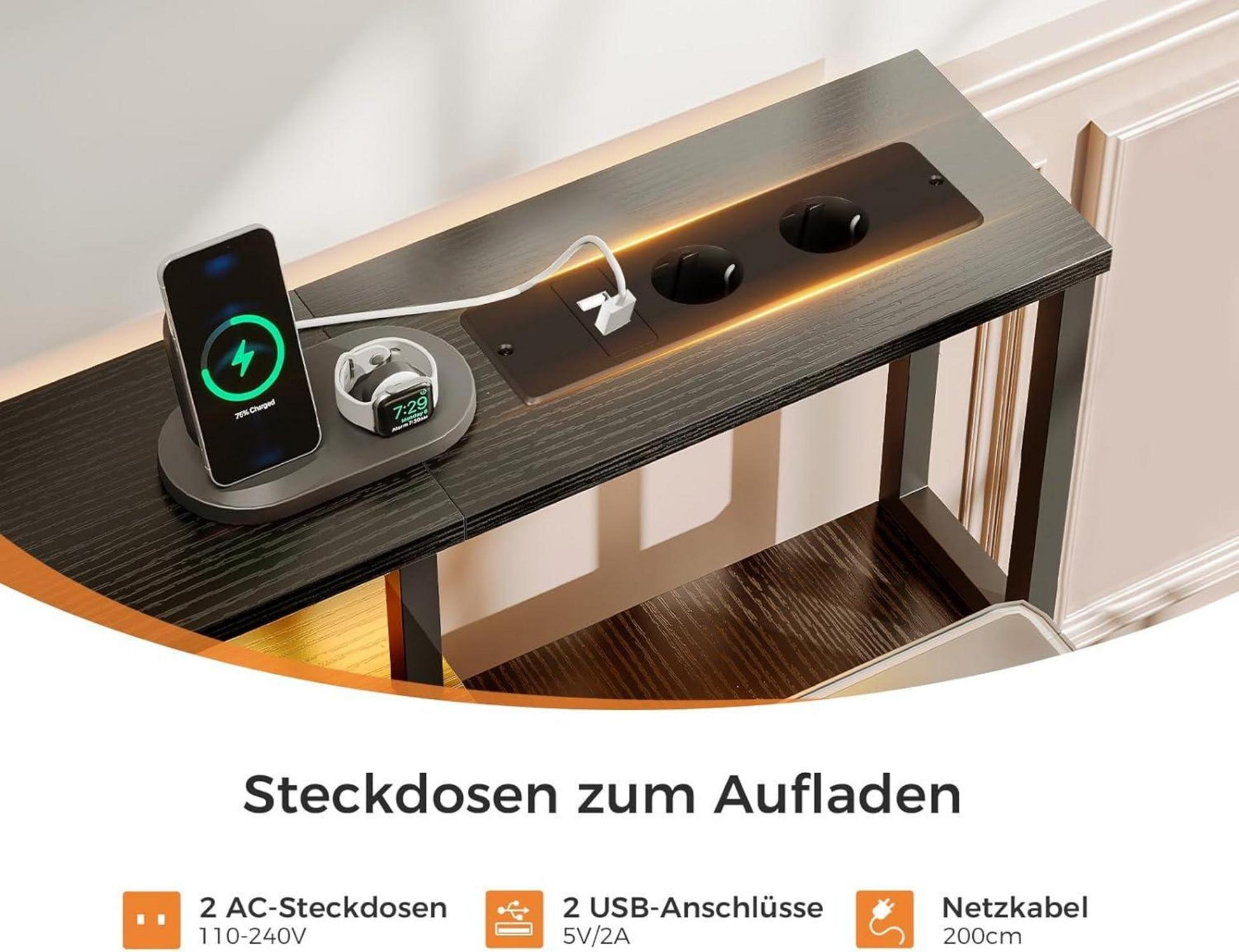 Coleshome Schreibtisch mit 5 Schubladen und LED-Leuchten, Schwarz 160x48cm
