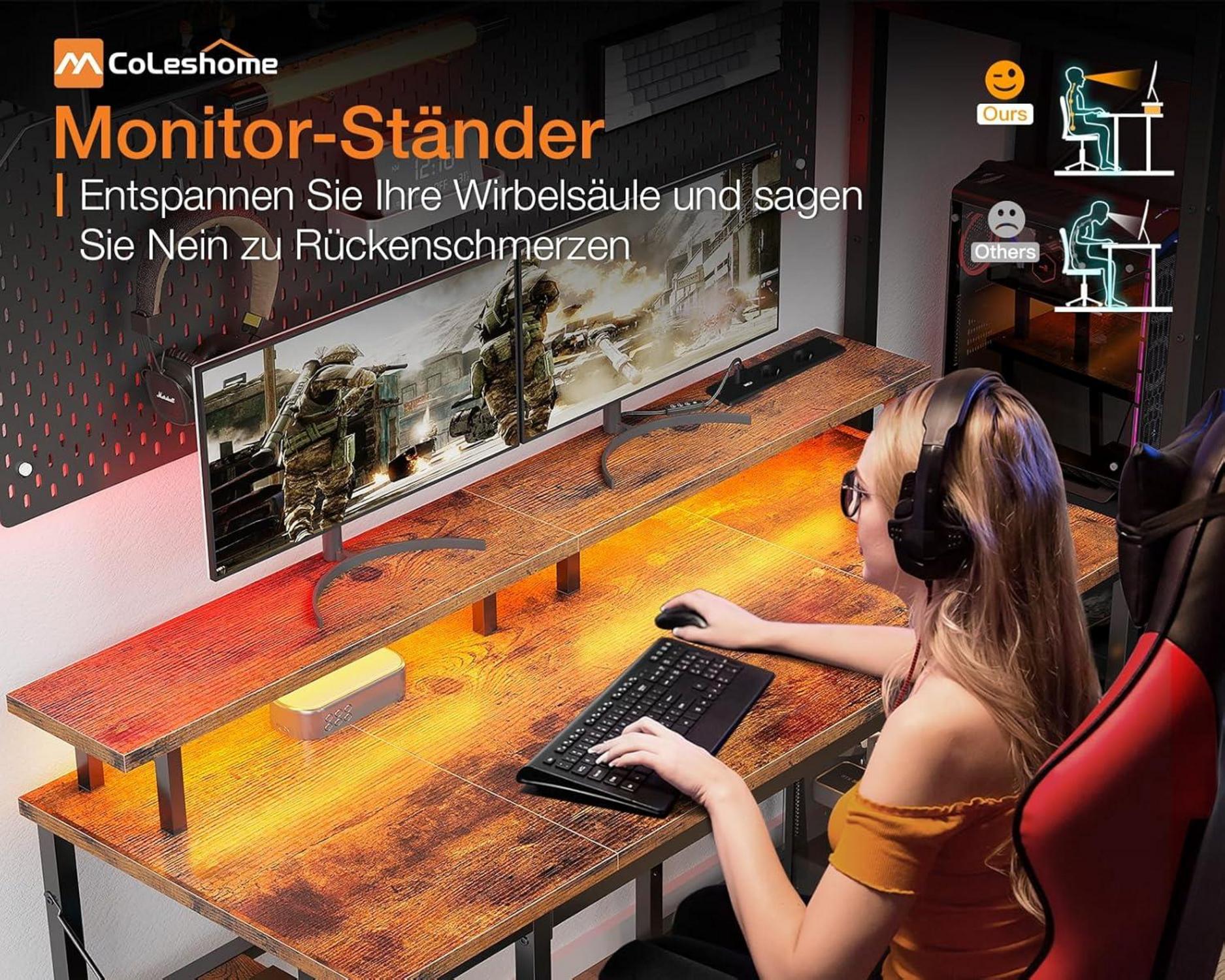 Gaming Tisch LED 2 Steckdosen 2 USB Monitorständer Stauraum 120x50cm Braun