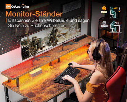 Gaming Tisch LED 2 Steckdosen 2 USB Monitorständer Stauraum 120x50cm Braun