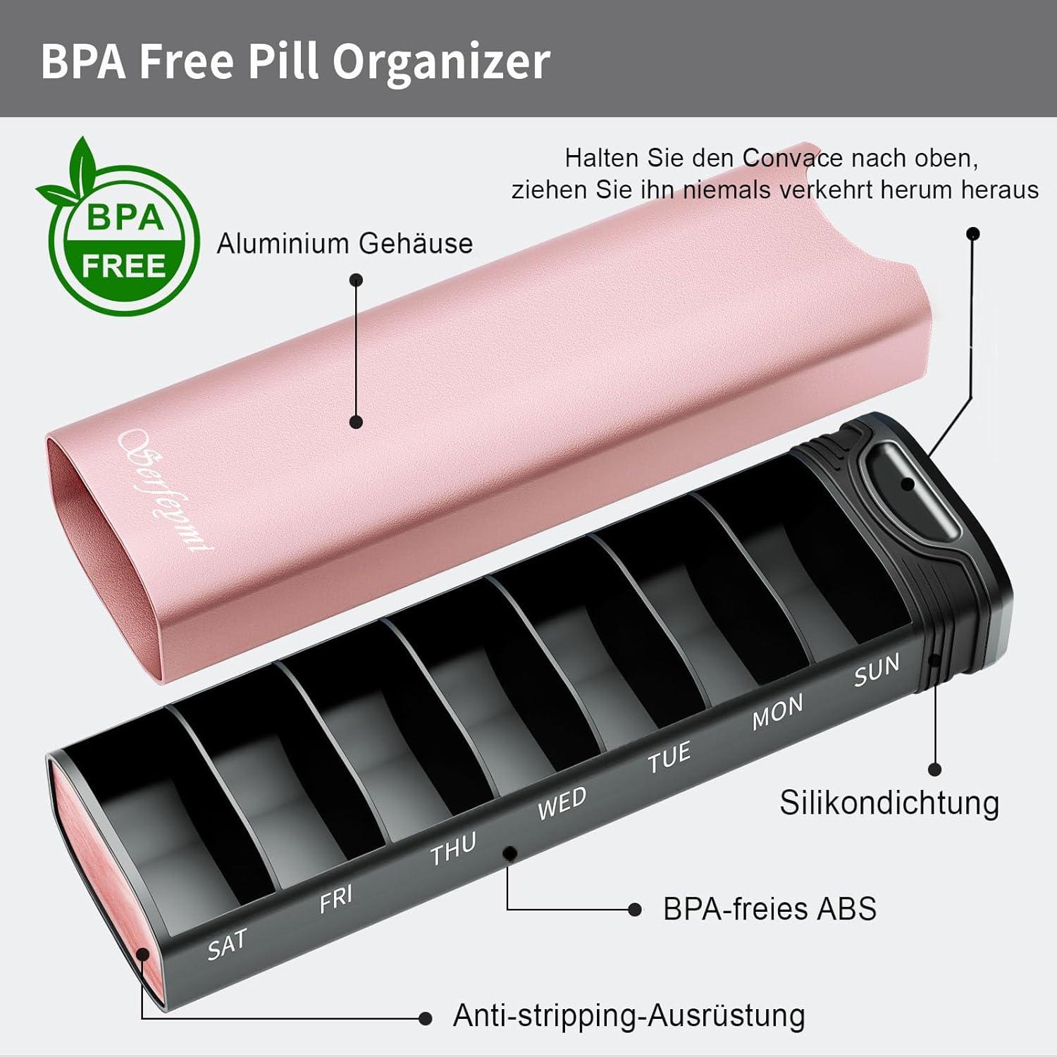 Tablettenbox 7 Tage Metall Pillendose Dispenser Organizer Rose