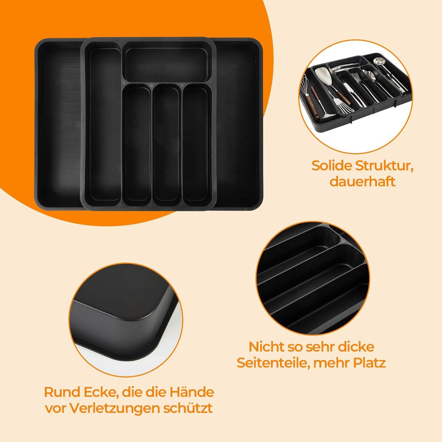 Verstellbarer Besteckkasten Organizer für Schubladen Schwarz