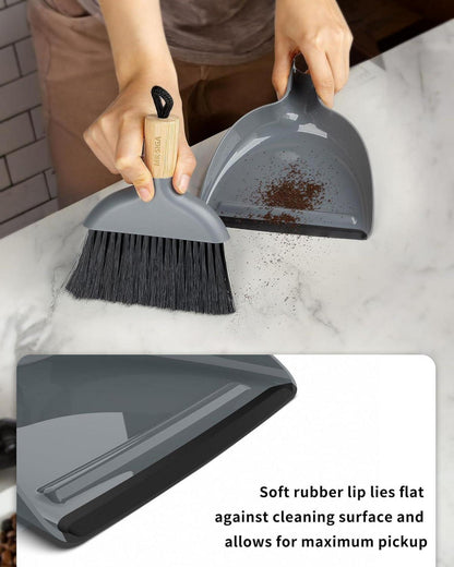 MR.SIGA Mini Kehrschaufel und Bürste Set mit Bambusgriff Grau