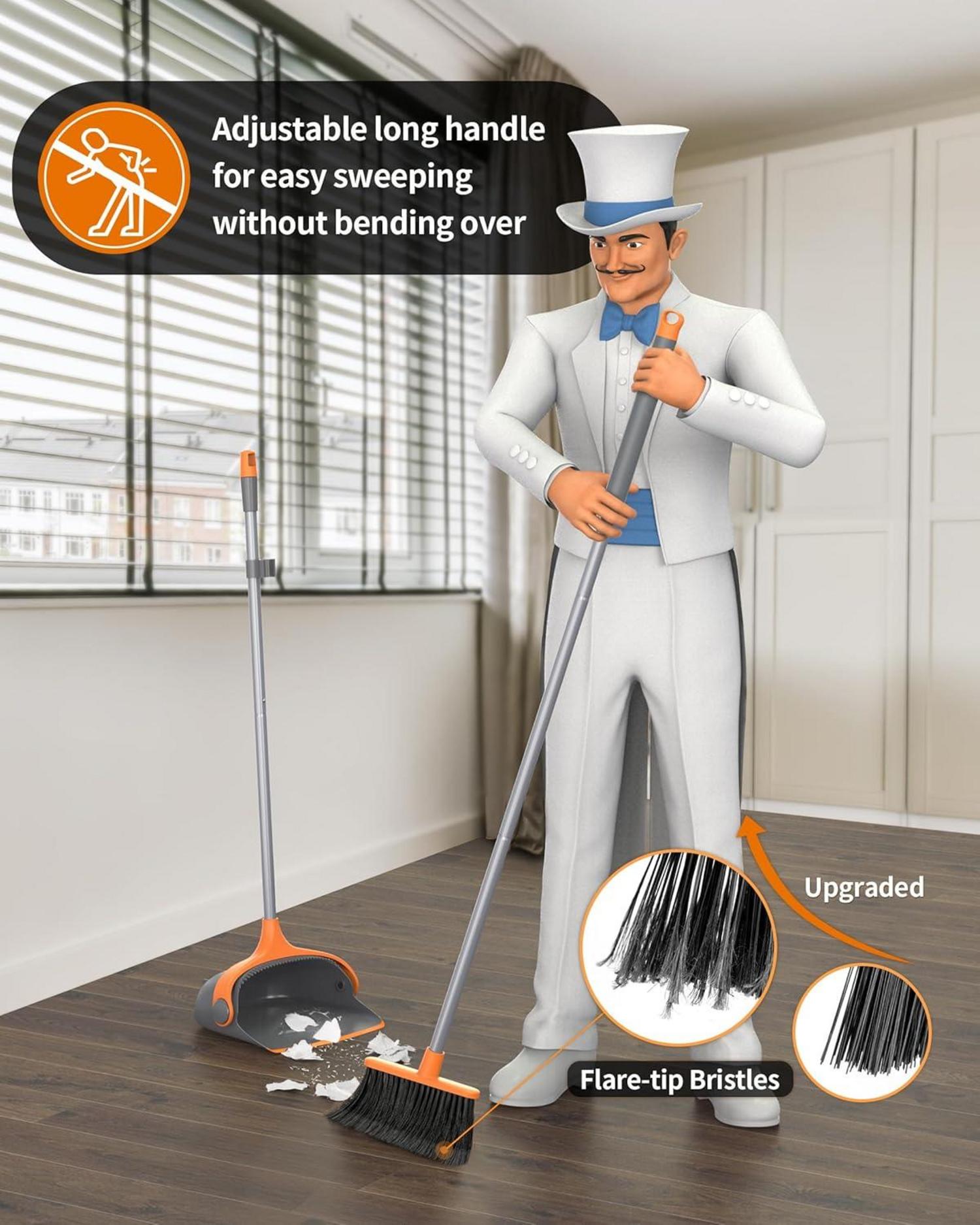 MR.SIGA Besen Kehrschaufel Set langer Stiel Grau Orange