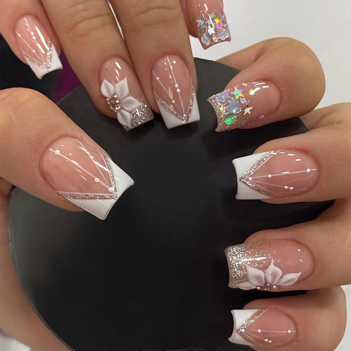 Rosa French Nägel mit Strass & Blumen - 24 Stück