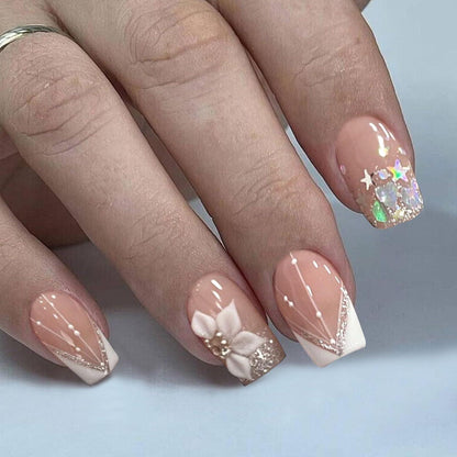 Rosa French Nägel mit Strass & Blumen - 24 Stück