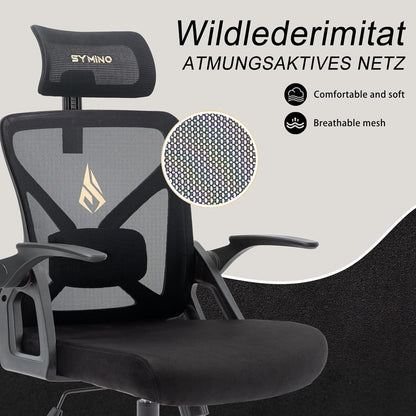Ergonomischer Bürostuhl mit verstellbarer Kopfstütze und Lordosenstütze, Schwarz