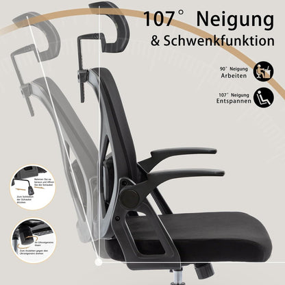 Ergonomischer Bürostuhl mit Kopfstütze, Armlehnen, Lordosenstütze, Schwarz