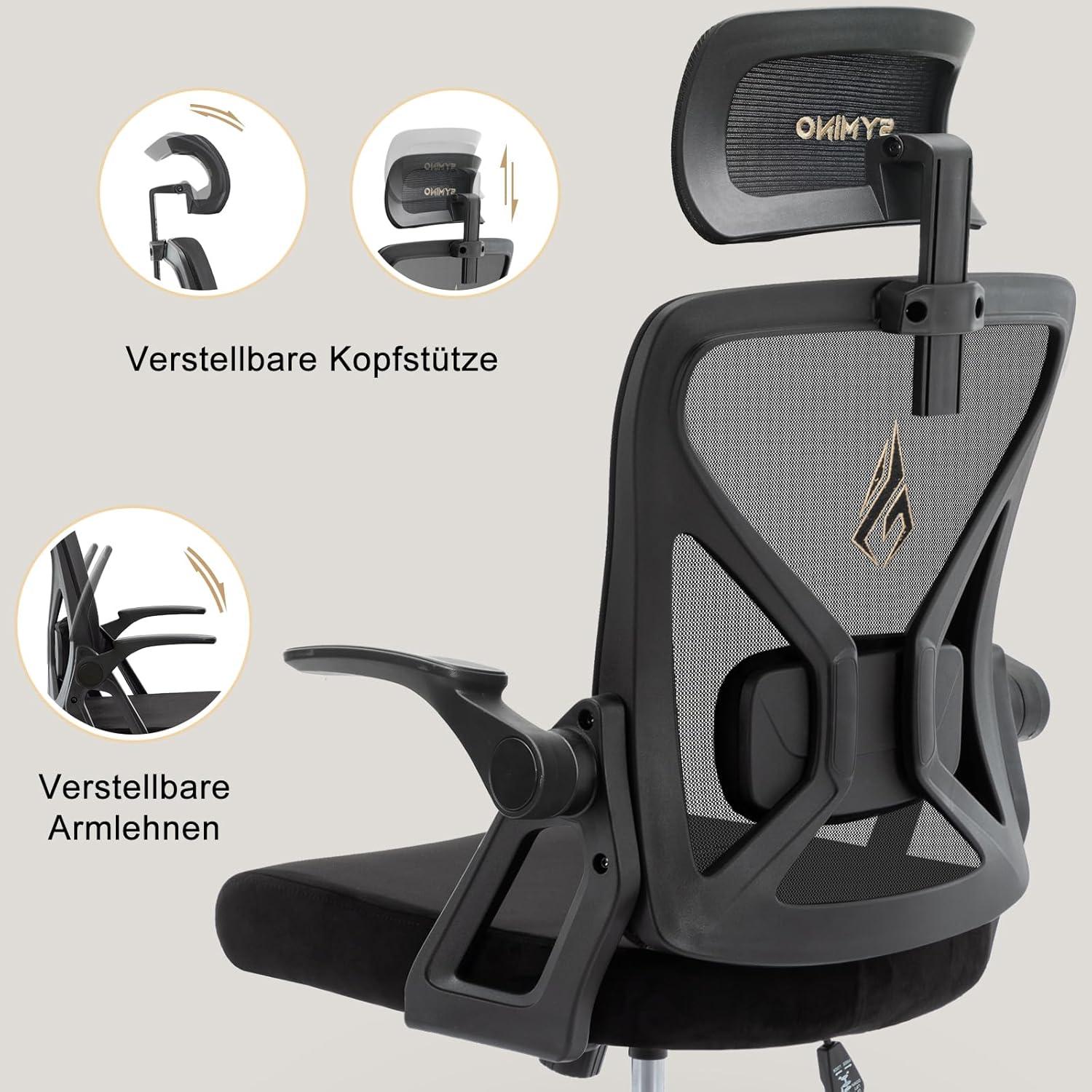 Ergonomischer Bürostuhl mit Kopfstütze, Armlehnen, Lordosenstütze, Schwarz