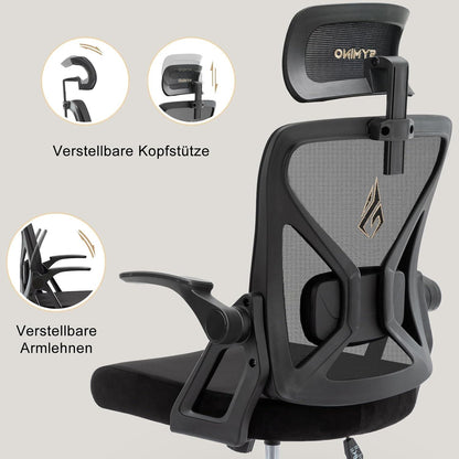 Ergonomischer Bürostuhl mit Kopfstütze, Armlehnen, Lordosenstütze, Schwarz