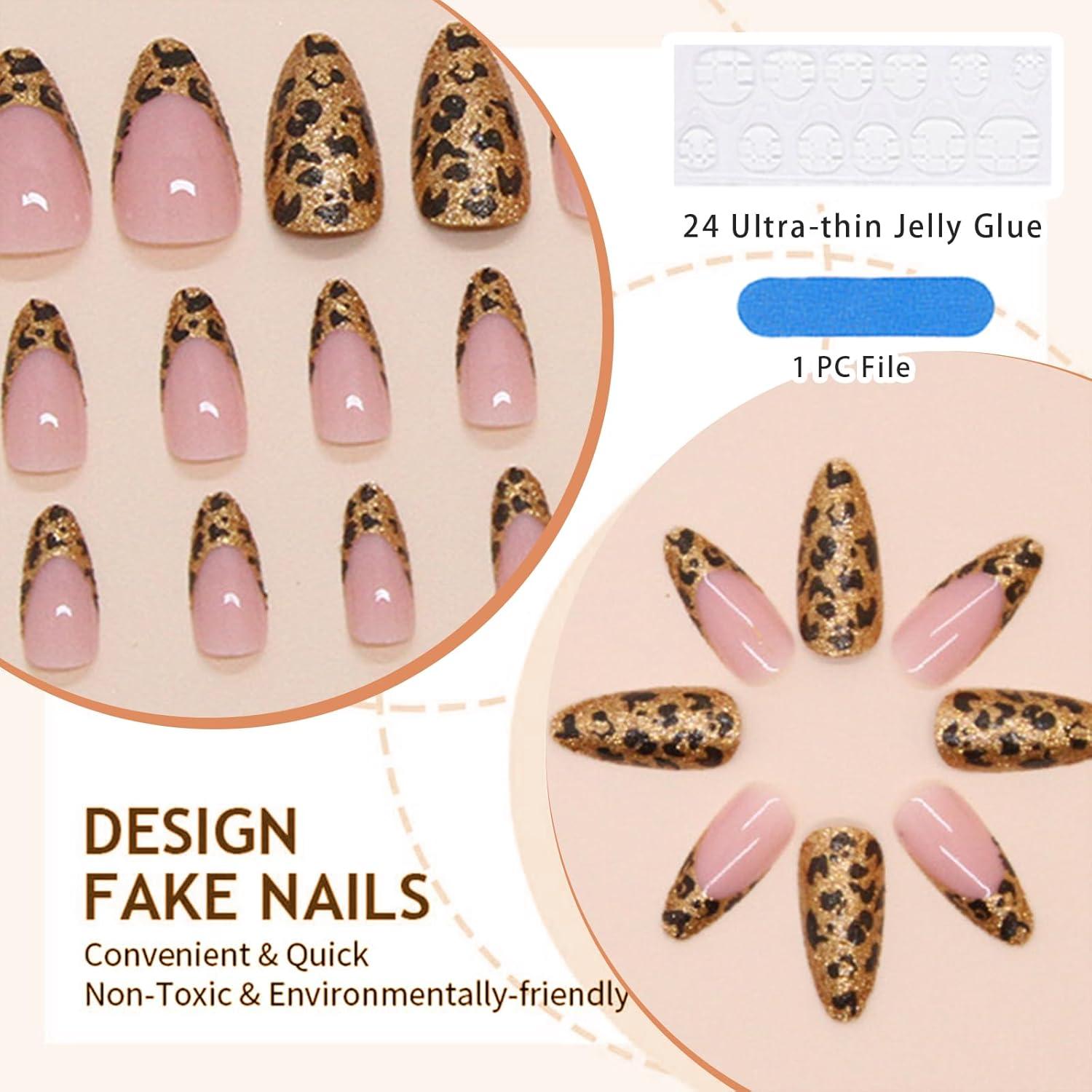 Leopard French Press On Nails Mandel Gold Print 24 Stück