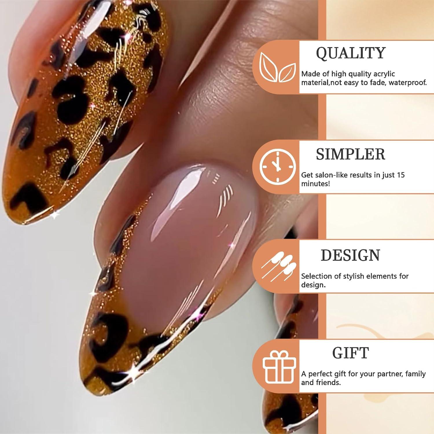 24 Stück Leopard French Press On Nails Mittel Mandel Gold Print Voll Abdeckung Nude Glänzend