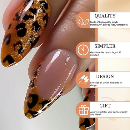 24 Stück Leopard French Press On Nails Mittel Mandel Gold Print Voll Abdeckung Nude Glänzend