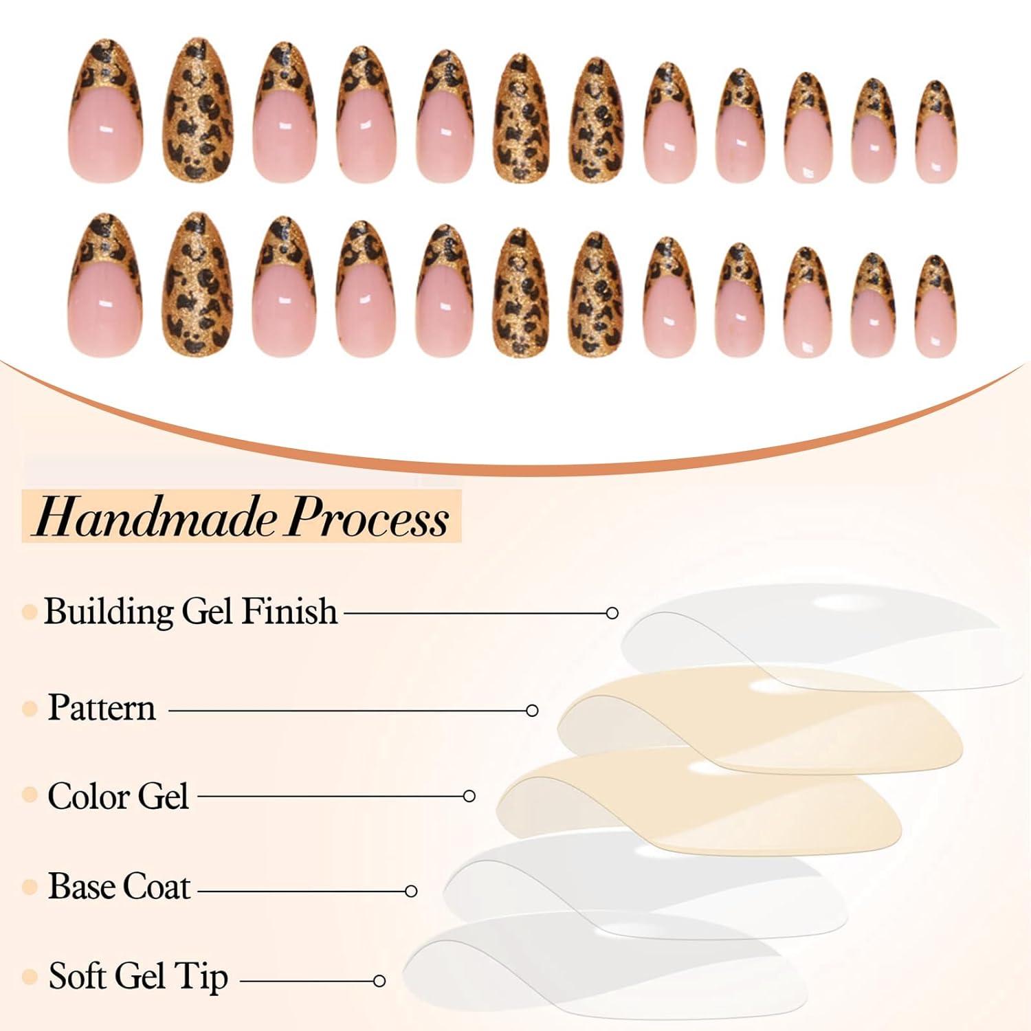 24 Stück Leopard French Press On Nails Mittel Mandel Gold Leopard Print Voll