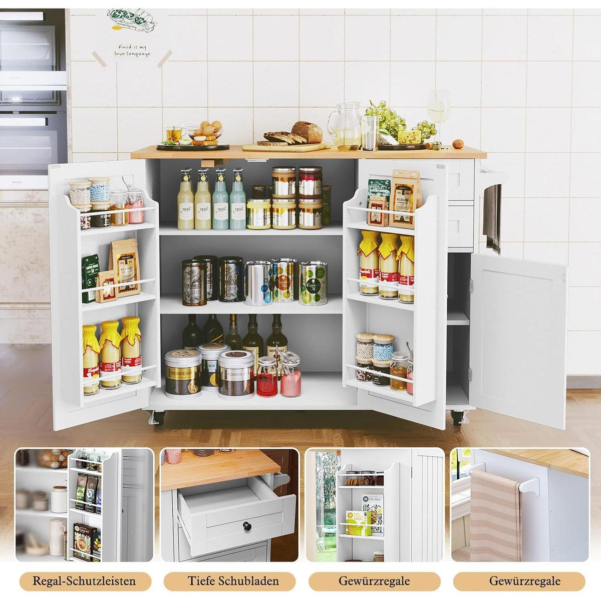 Küchenwagen mit Klappplatte & Rollen – Mobile Kücheninsel Weiß