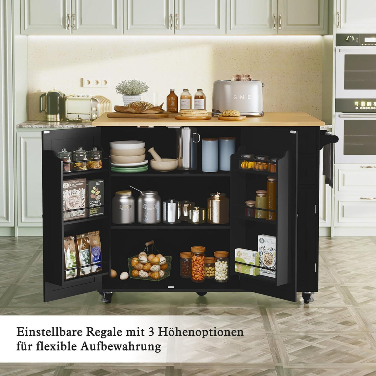 Küchenwagen mit Klappplatte & Rollen – Mobile Kücheninsel Schwarz
