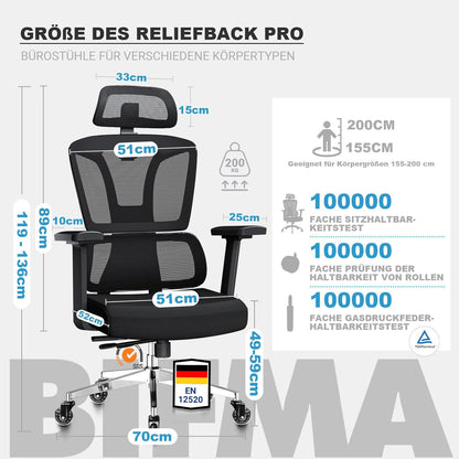 MELOKEA Bürostuhl 200 KG 4D Armlehnen Sitztiefe Gummirollen