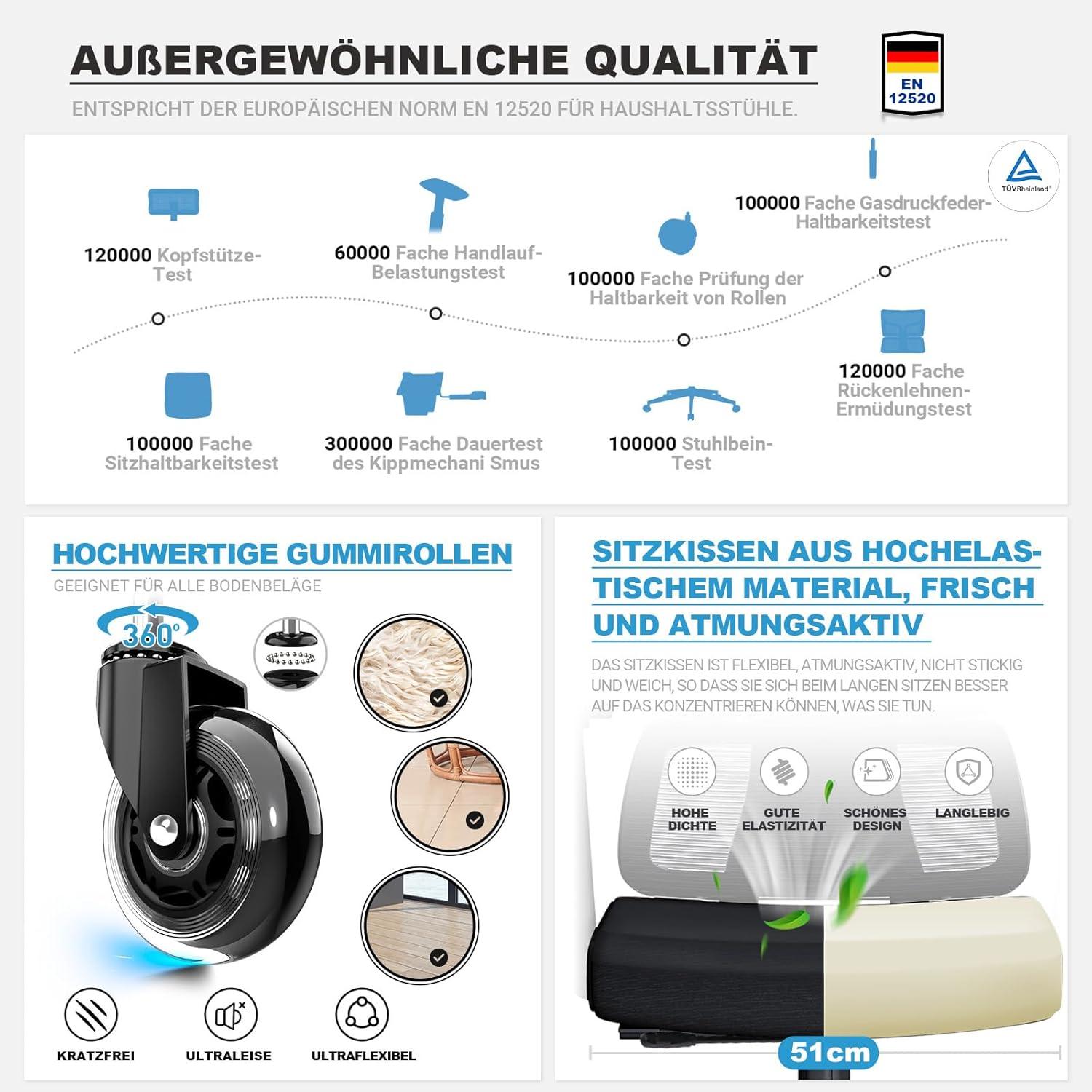 MELOKEA Bürostuhl 200 KG 4D Armlehnen Sitztiefe Neigung Rückenlehne Hohe Lehne