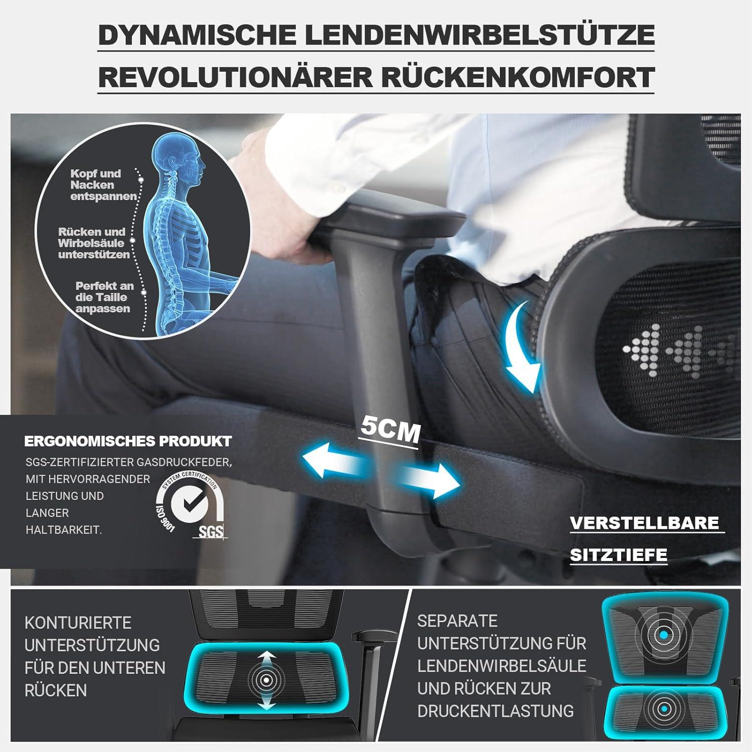 Ergonomischer Bürostuhl 200 KG 4D Armlehnen Sitztiefe verstellbar