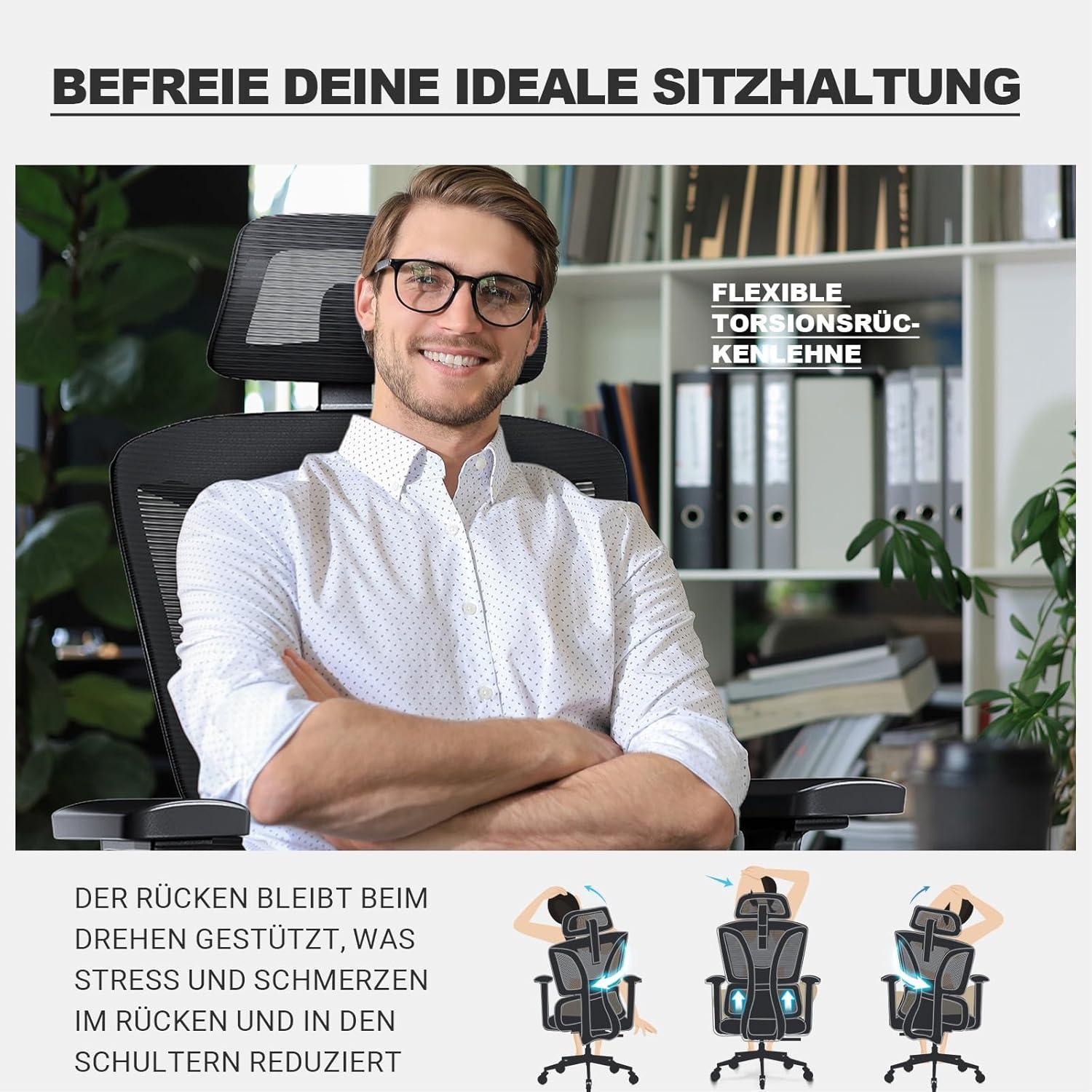 Bürostuhl 200 KG 4D Armlehnen verstellbare Sitztiefe Gummirollen