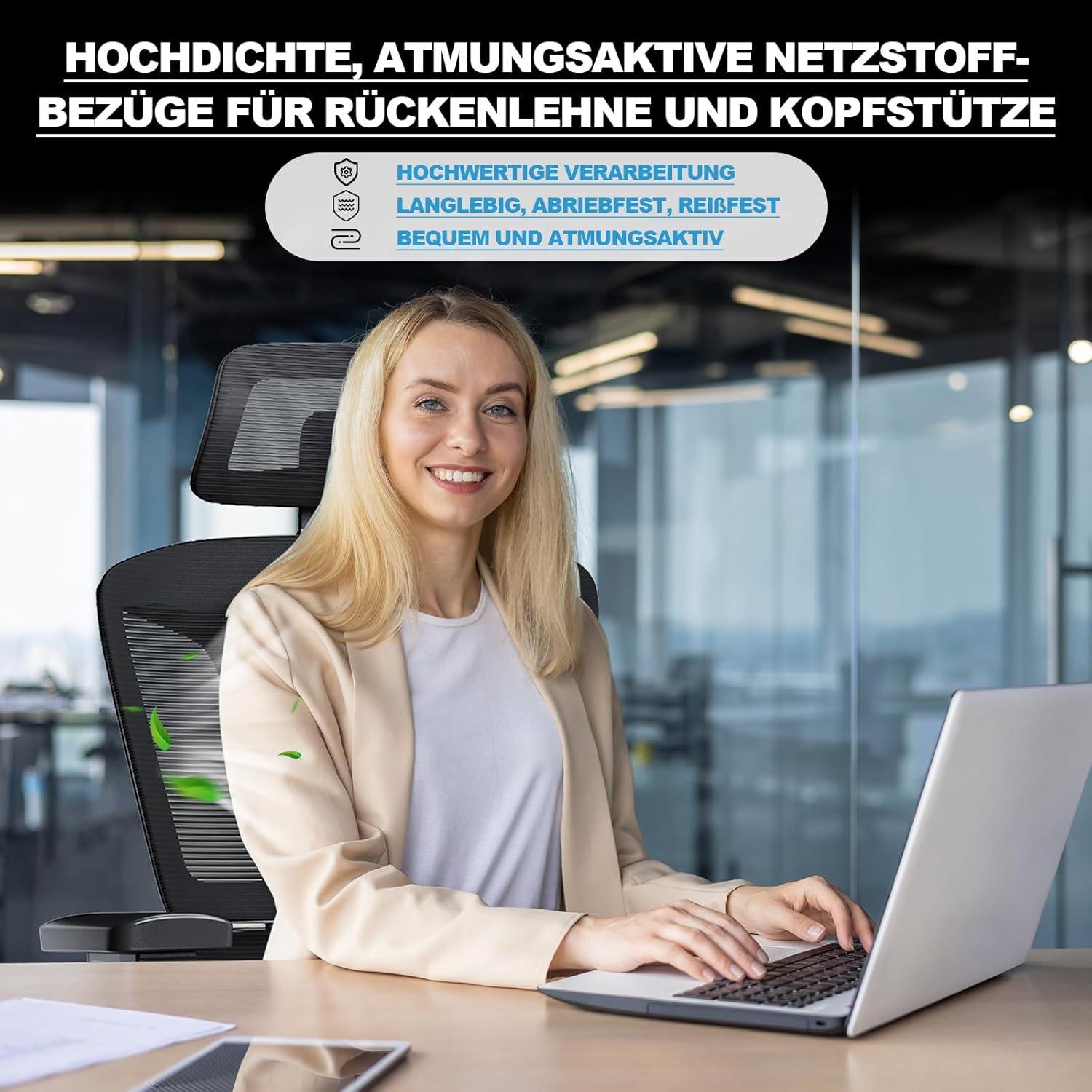 MELOKEA Bürostuhl 200 KG 4D Armlehnen Sitztiefe Neigung Rückenlehne Hohe Lehne