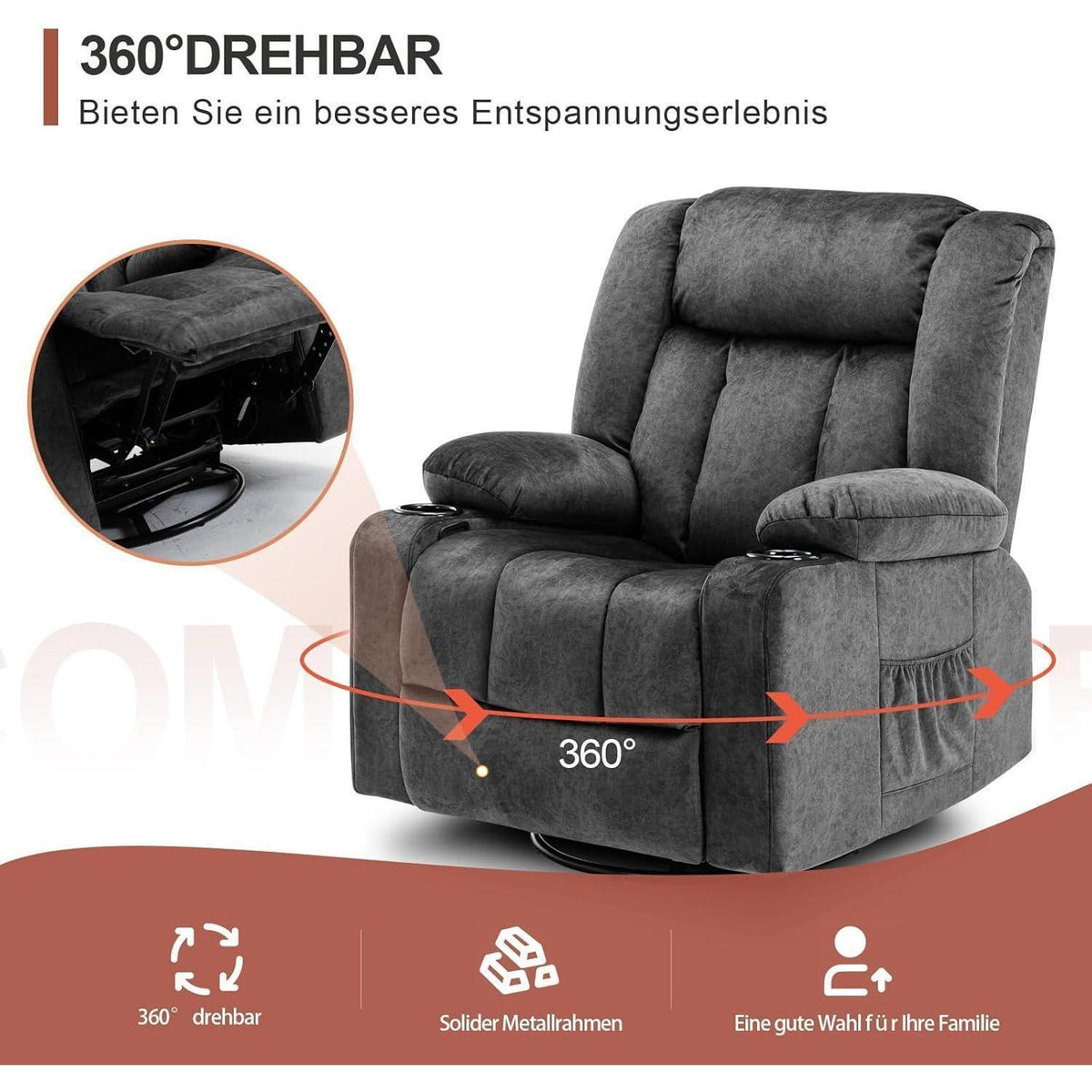 Drehbarer Relaxsessel mit Fußstütze & Getränkehalter – Grau
