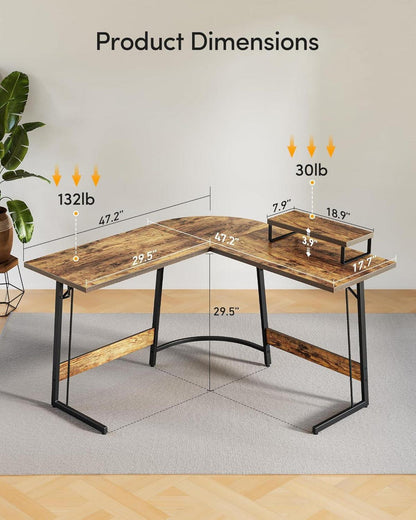 Gaming Eckschreibtisch L Form 120x120 cm Monitorständer Vintagebraun