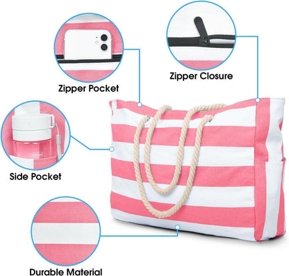 Wasserdichte Strandtasche Damen Groß Rosa Streifen Tote Bag