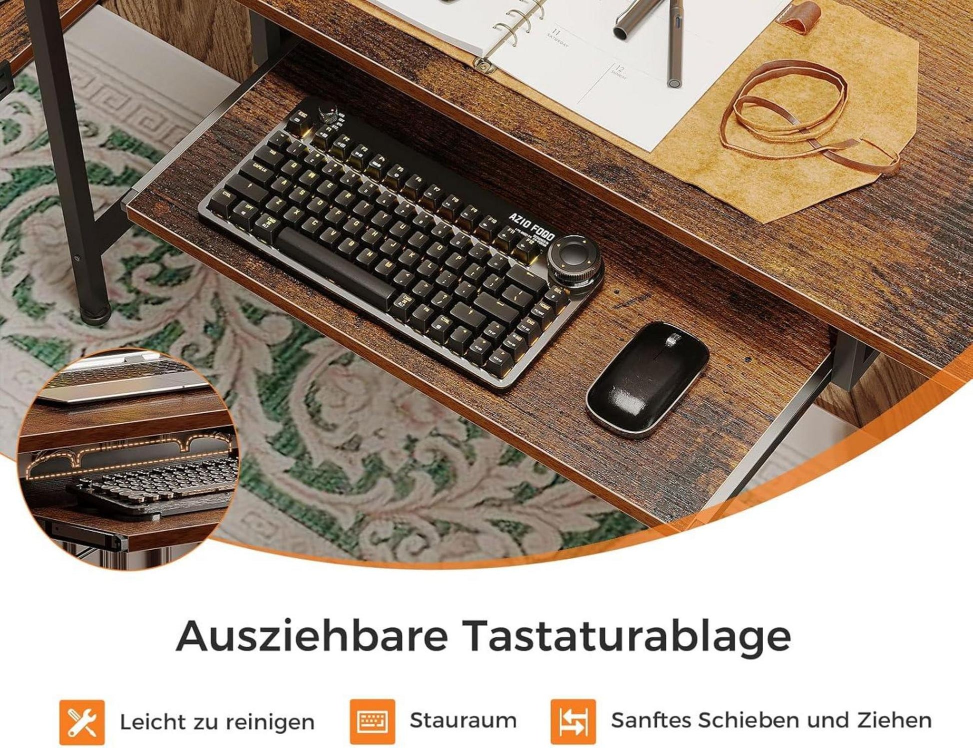 moderner Schreibtisch mit Schubladen und LED-Licht, 140x48cm, Braun