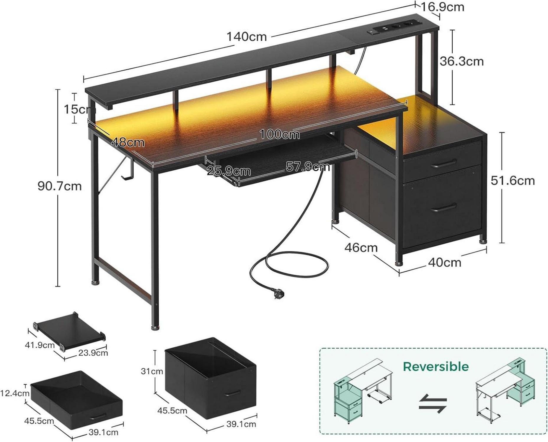 Modernes Coleshome Schreibtisch mit USB und LED, 140x48cm