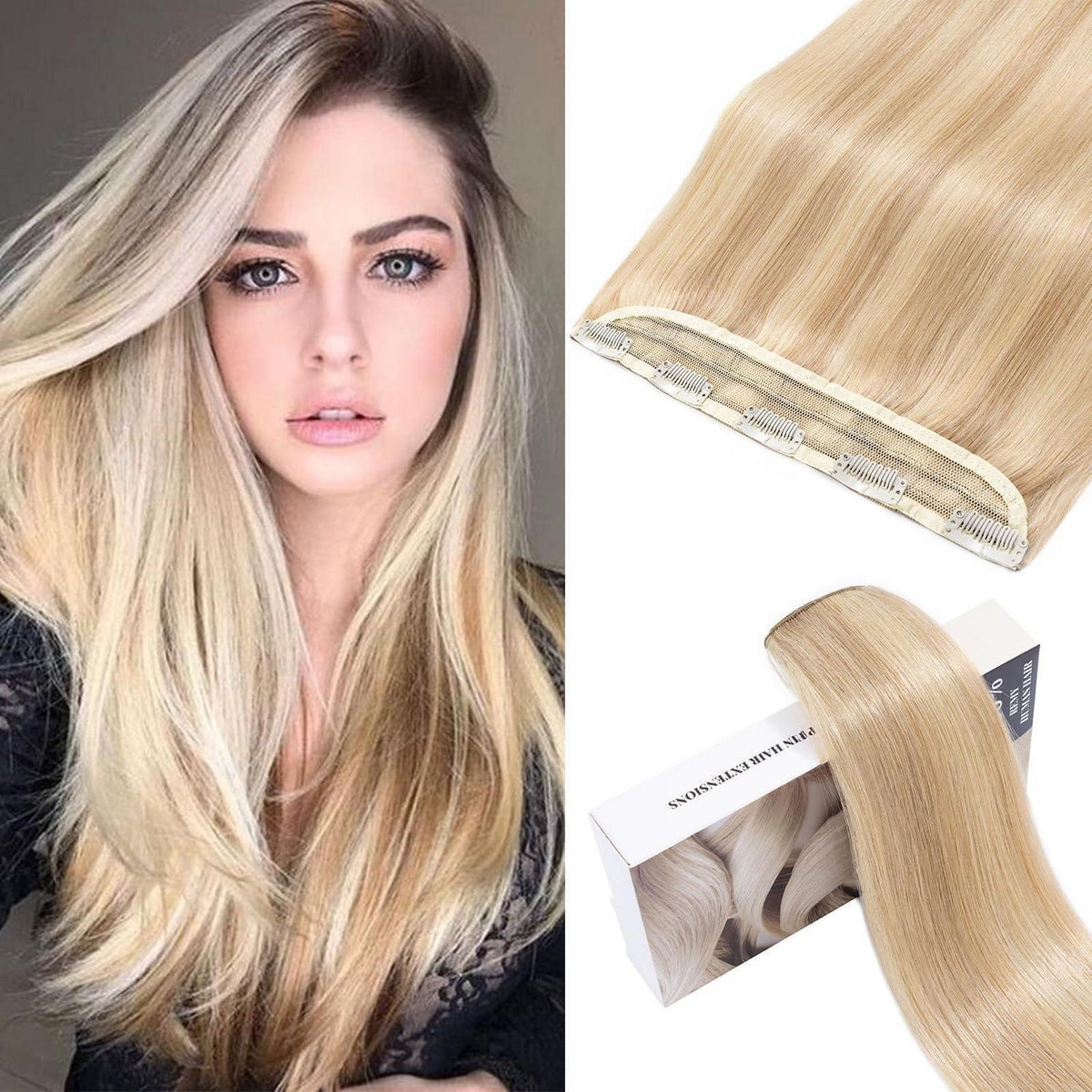 Echthaar Clip-In Extension Aschblond/Weißblond 50cm